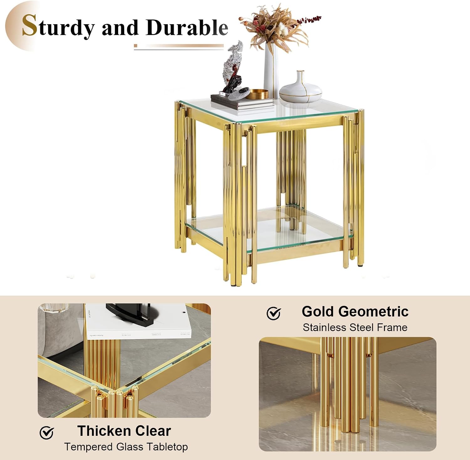 Luxury Gold Glass End Table,Sqaure Sofa Side Table with Shiny Geometric Stainless Steel Base,Clear Glass Accent End Table Bedside Table Nightstand for Living Room Bedroom Office