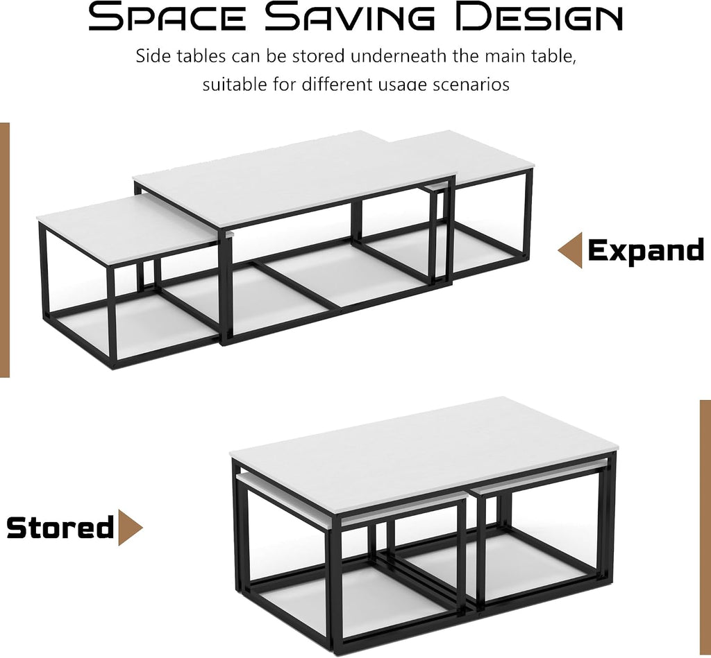 Nesting Coffee Tables,3 Piece Living Room Coffee Table,Industrial Rectangular Coffee Table Set,End Table Side Tables for Living Room Bedroom(White)