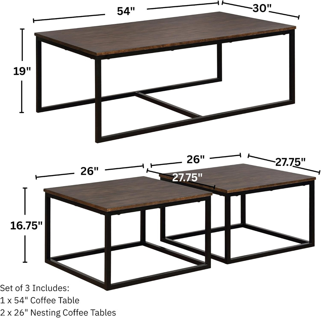 Arcadia 3-Piece Nesting Coffee Table Set – 54' Large Table with Two 26' Small Tables – Industrial Farmhouse Style with Solid Acacia Wood & Metal Sled Legs by Alaterre Furniture (Antiqued Mocha)