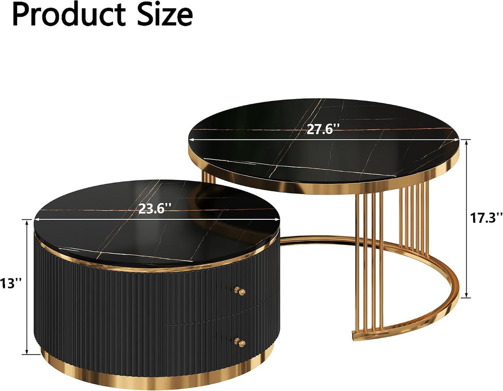 Modern 2 Pieces Round Nesting Coffee Table with Drawers(Black,27.6'+23.6')