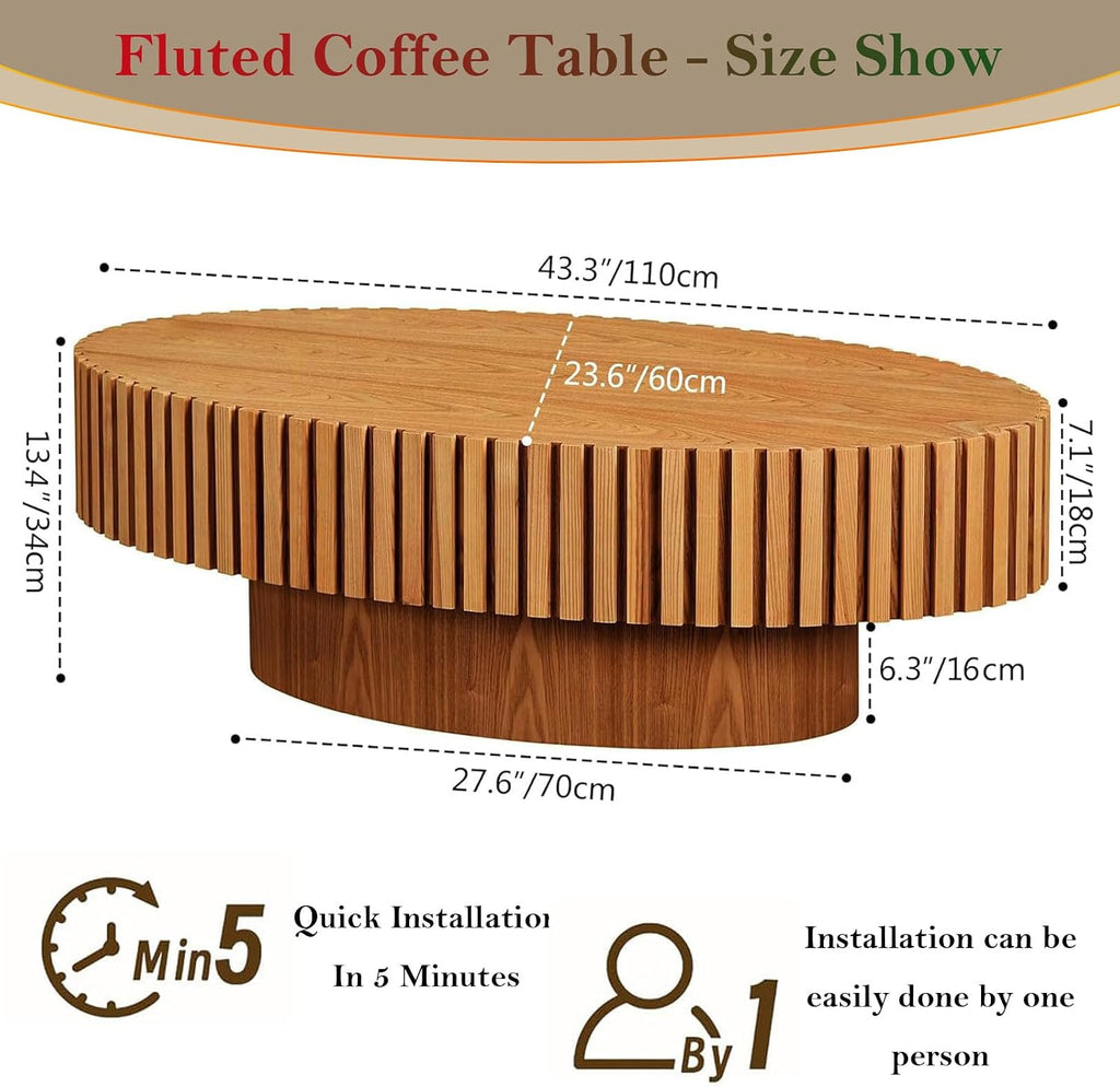 Handcraft Fluted Coffee Table 43.3' Oval Drum Center Tables with Sturdy Pedestal Easy to Assembly for Living Room Apartment Farmhouse (Oval Wood 43.3in)