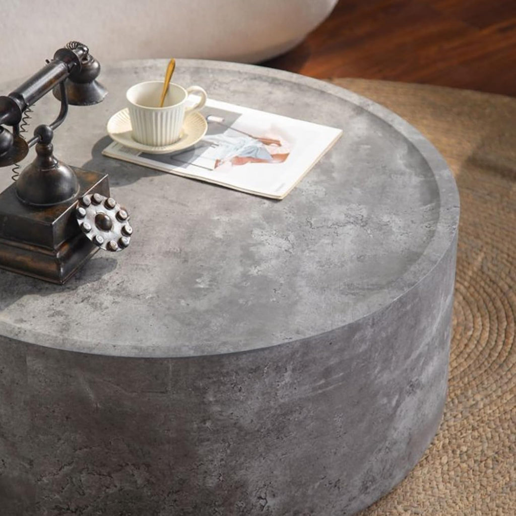 Modern Drum Coffee Table Faux Stone Finish Wood Coffee Tables Concrete Gray Round Center Table for Living Room Home Office,31.5'- Fully Assembled