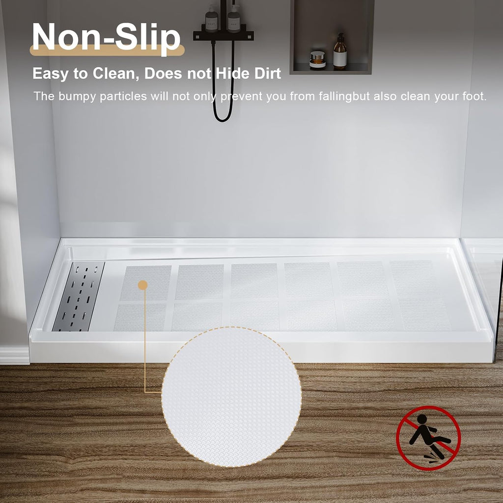 60' x 32' Shower Base Non-Slip SMC Shower Pan with Left Drain, White Bathroom Shower Tray Kit, 304 Stainless Steel Square Drain Cover, Single Threshold Floor for Easy Installation