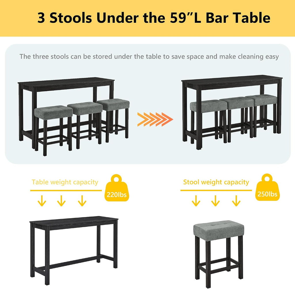 Merax 59' Bar Table Set with Power Outlet,Industrial Breakfast Table with 3 Upholstered Stools w/Footrest,4 Piece Counter Height Bar Table and Chair Set for Living Room,Dining Room,Kitchen,Black