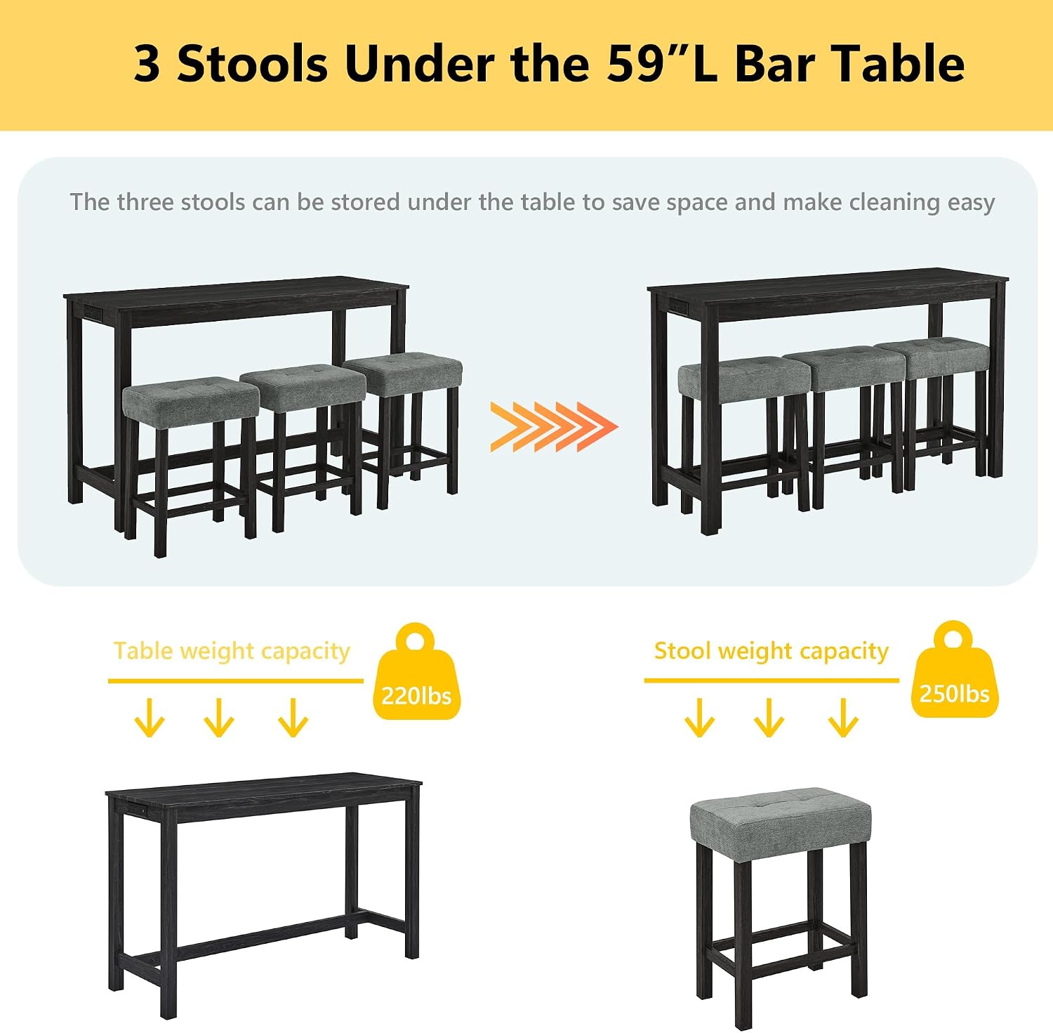Merax 59' Bar Table Set with Power Outlet,Industrial Breakfast Table with 3 Upholstered Stools w/Footrest,4 Piece Counter Height Bar Table and Chair Set for Living Room,Dining Room,Kitchen,Black