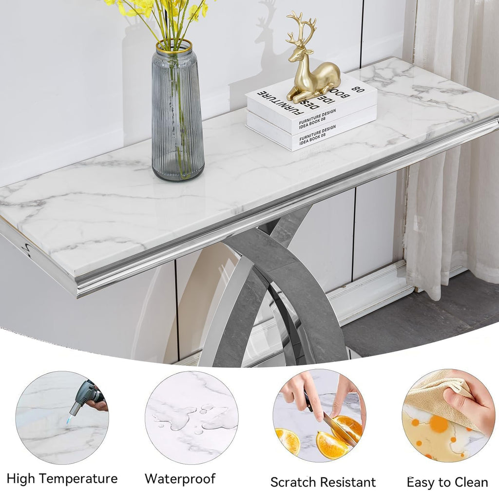 Modern White Silver Console Table, 47' Faux Marble Entryway Table Narrow Long Sofa Table, Luxury Accent Table Rectangle Behind Sofa Entrance Table Foyer Hallway Table for Living Room