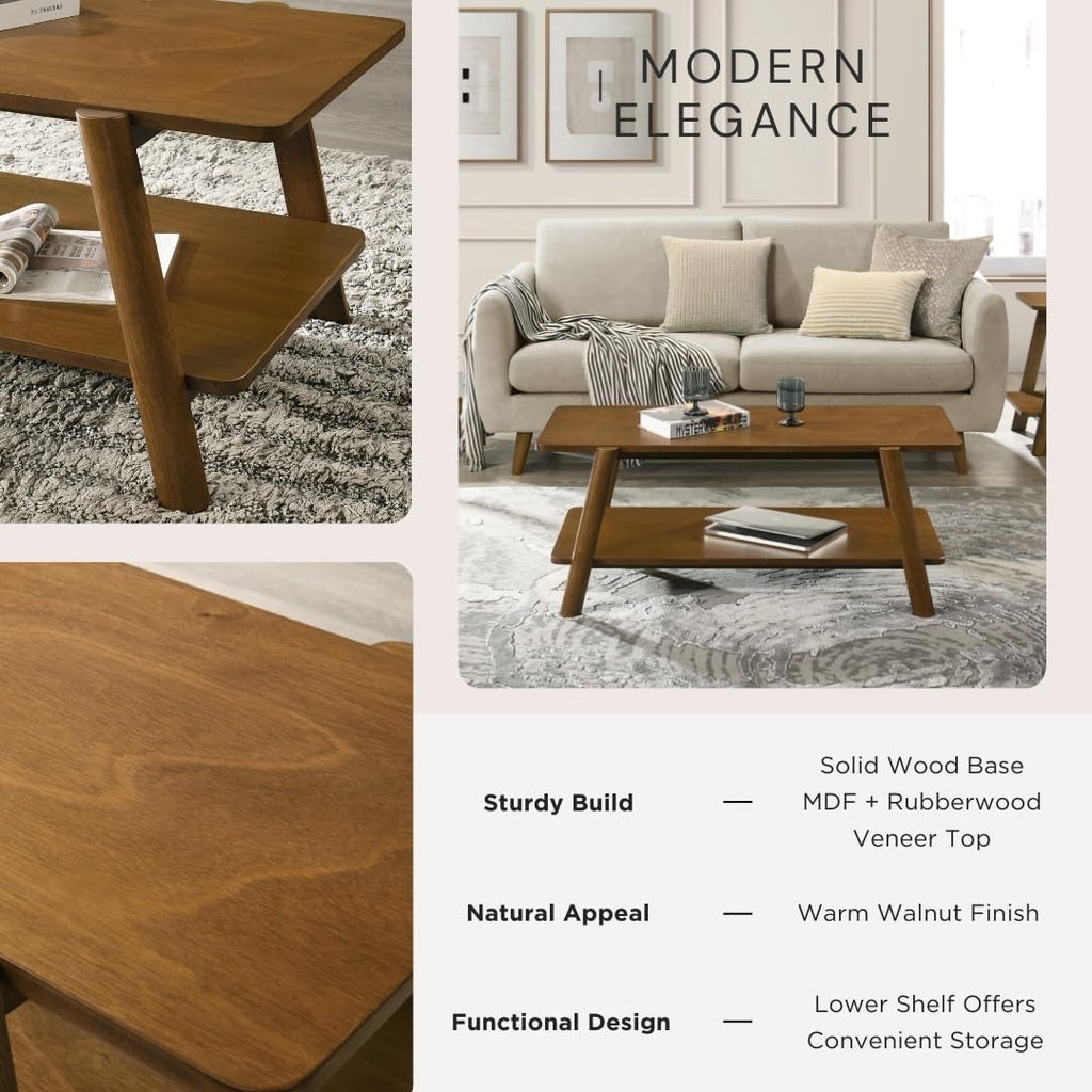 Roundhill Furniture Metz 3-Piece Coffee Table Set, Coffee Table and Two End Tables, Walnut Finish