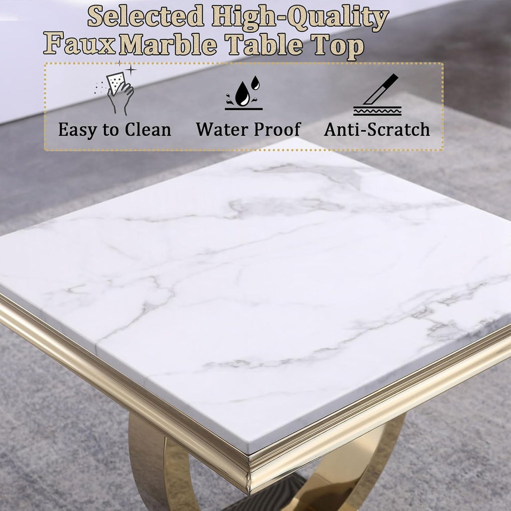 3 Pieces Living Room Table Set, Faux Marble Coffee Table Set of 3, Modern Coffee Table, Console Table and End Table with O-Shaped Stainless Steel Base for Living Room Office (White Gold)