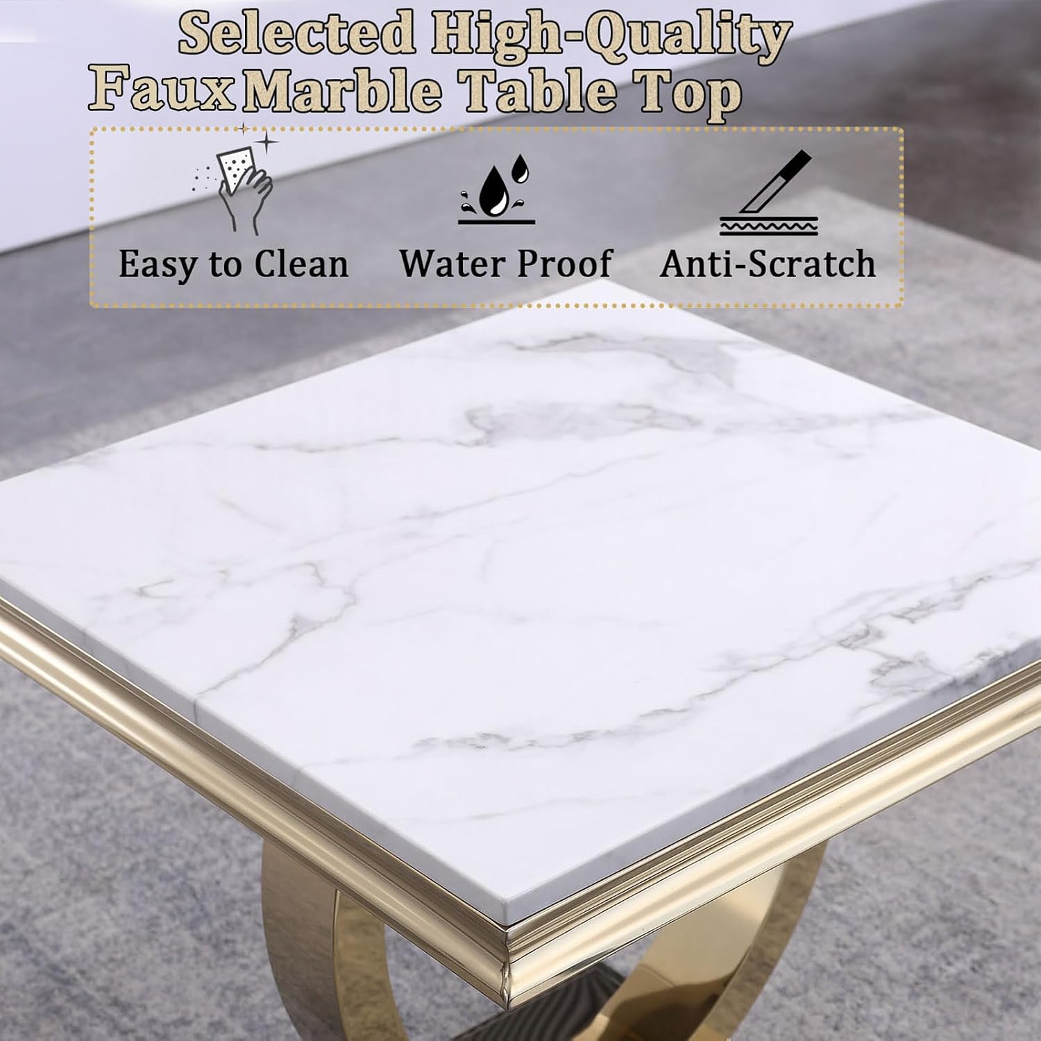 3 Pieces Living Room Table Set, Faux Marble Coffee Table Set of 3, Modern Coffee Table, Console Table and End Table with O-Shaped Stainless Steel Base for Living Room Office (White Gold)