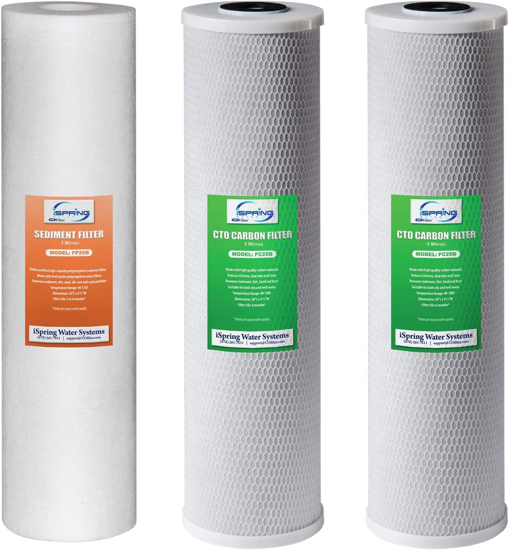 iSpring F3WGB32B 4.5' x 20' 3-Stage Whole House Water Filter Replacement Pack Set with Sediment and Carbon Block Cartridges Reduces up to 99% Chlorine, White