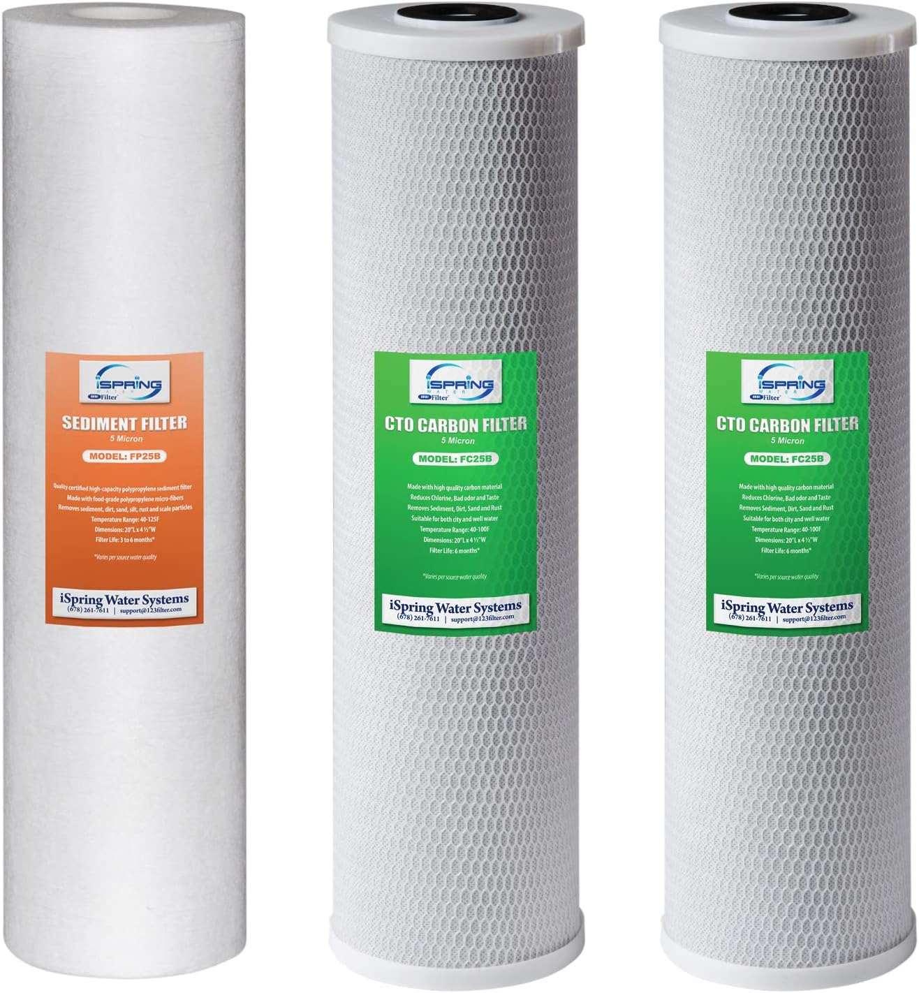 iSpring F3WGB32B 4.5' x 20' 3-Stage Whole House Water Filter Replacement Pack Set with Sediment and Carbon Block Cartridges Reduces up to 99% Chlorine, White