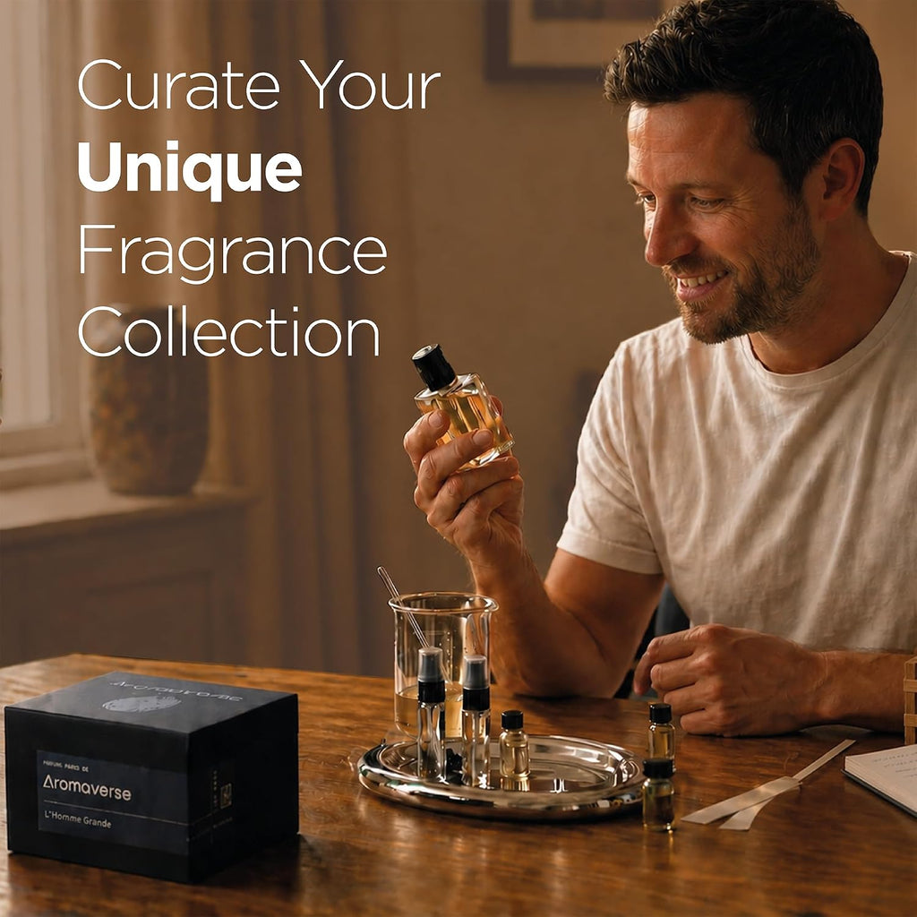 L'Homme Grande Perfume Making Kit - Make Your Own Perfume Kit for Women & Men with 30 Aromatic Ingredients, Spray Bottles, Droppers & 6 Recipes, Masculine Fresh, Woody & Spicy Notes