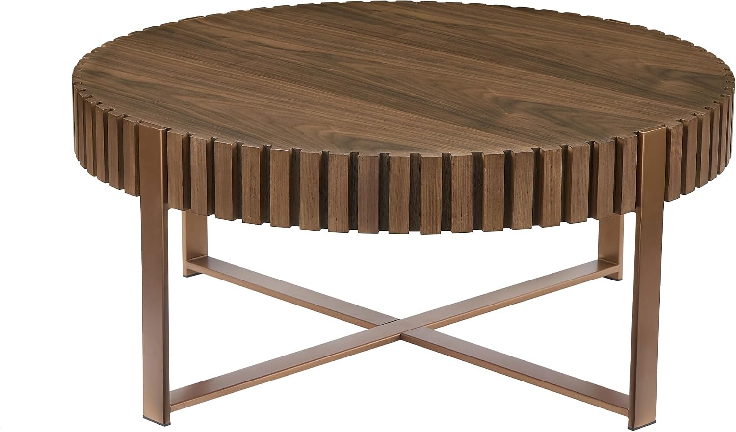 31.49'' Walnut Round Coffee Table, Modern Wood Circle Fluted Coffee Table for Living Room, Rose Gold Legs, Easy Assembly, Walnut