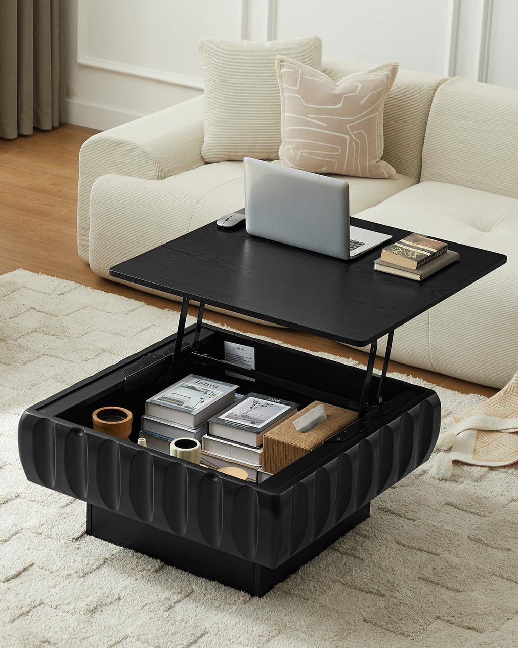 31' Lift Top Coffee Table, Fluted Coffee Table with Hidden Storage, Rectangle Handmade Solid Wood Strips for Small Space Apartment Living Room, Black