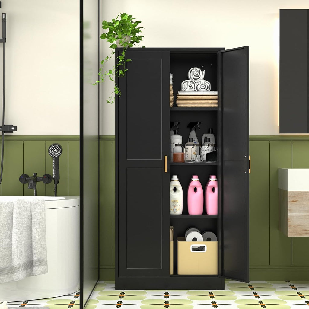 Polup 60 Inch Tall Pantry Cabinet, Metal Kitchen Storage Cabinet with Doors and Shelves, Black Cupboard for Food Storage, Freestanding Cabinet for Living Room, Dining Room - Assembly Required