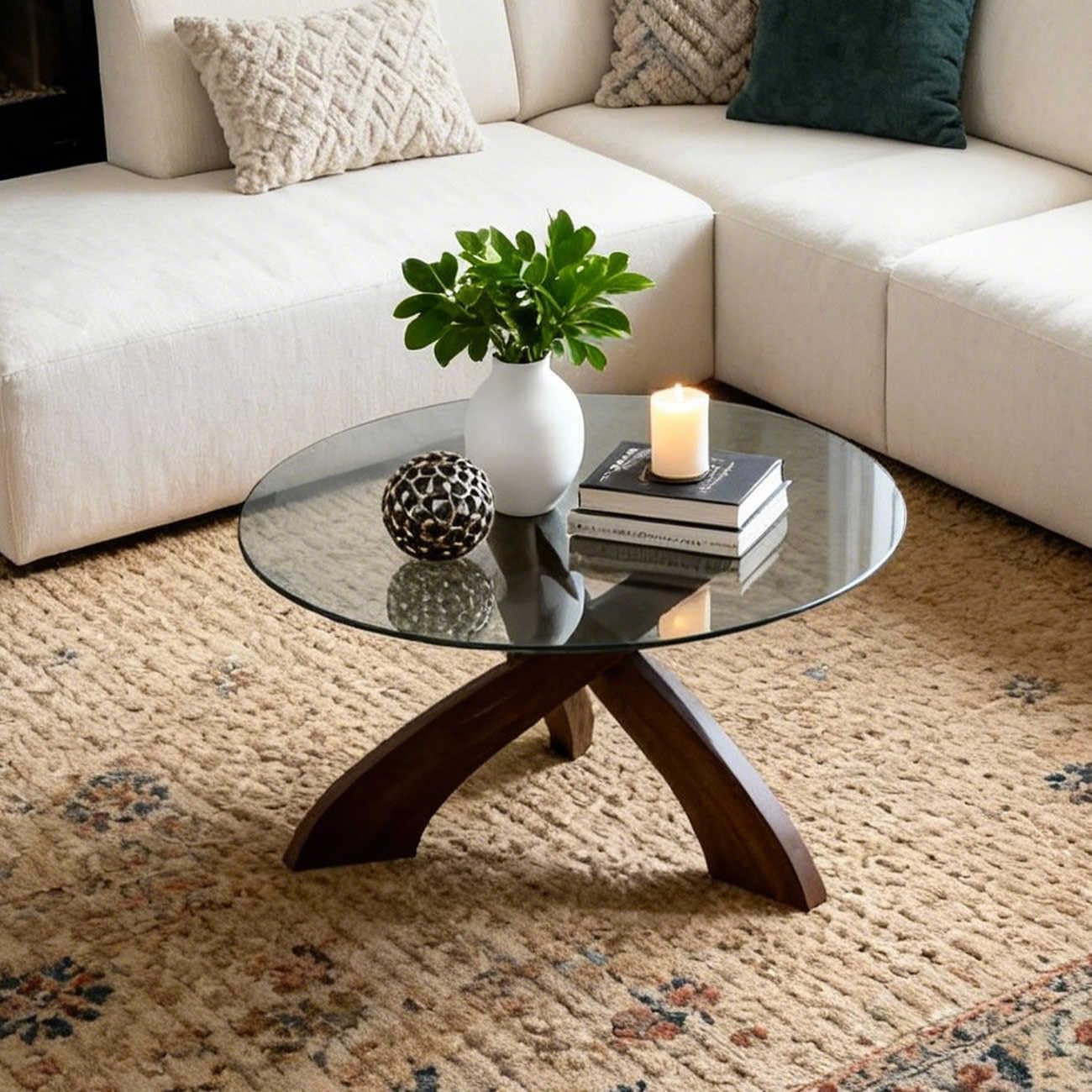 Honyee Glass Coffee Table, 30.7' Round Coffee Table with Tempered Glass Top, Walnut Wood X-Shaped Base, Stable Modern Center Table for Living Room, Apartment and Small Spaces