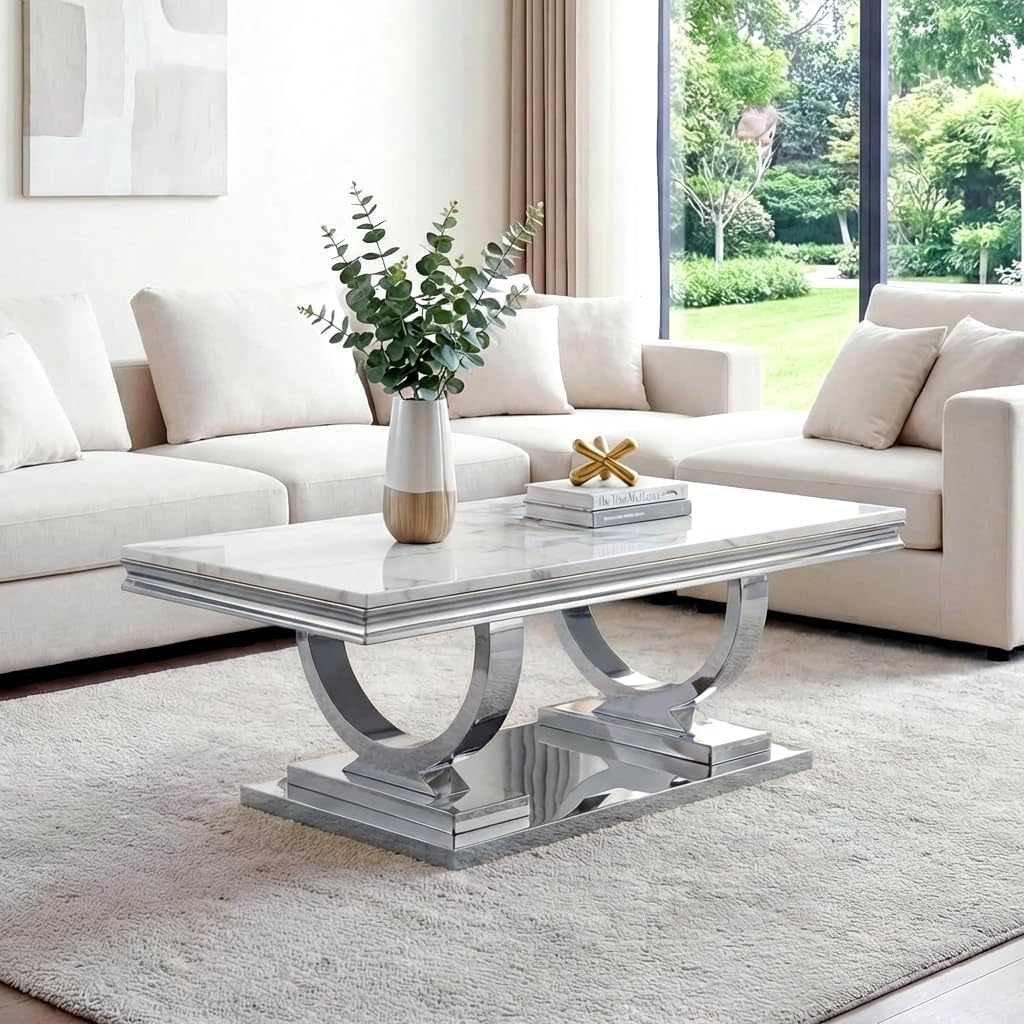 Marble Coffee Table, 47' White Faux Marble Rectangular Cocktail Table with Mirrored Finish Double O-Shape Stainless Steel Base, Central Cocktail Tea Tables for Living Room Office, Silver