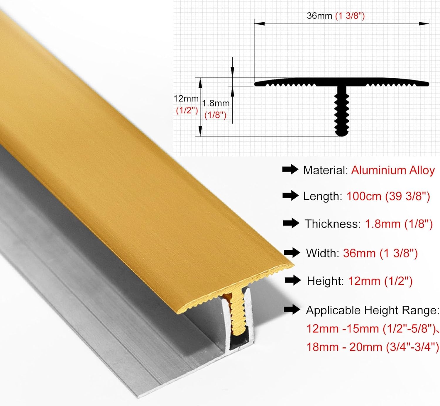 Brass Transition Strip for Wood to Tile - T-Molding Flooring Edge Trim with Track Base, Vinyl Floor Threshold Cover for Gap Joining (Fits 12mm-15mm - 1/2' to 5/8')
