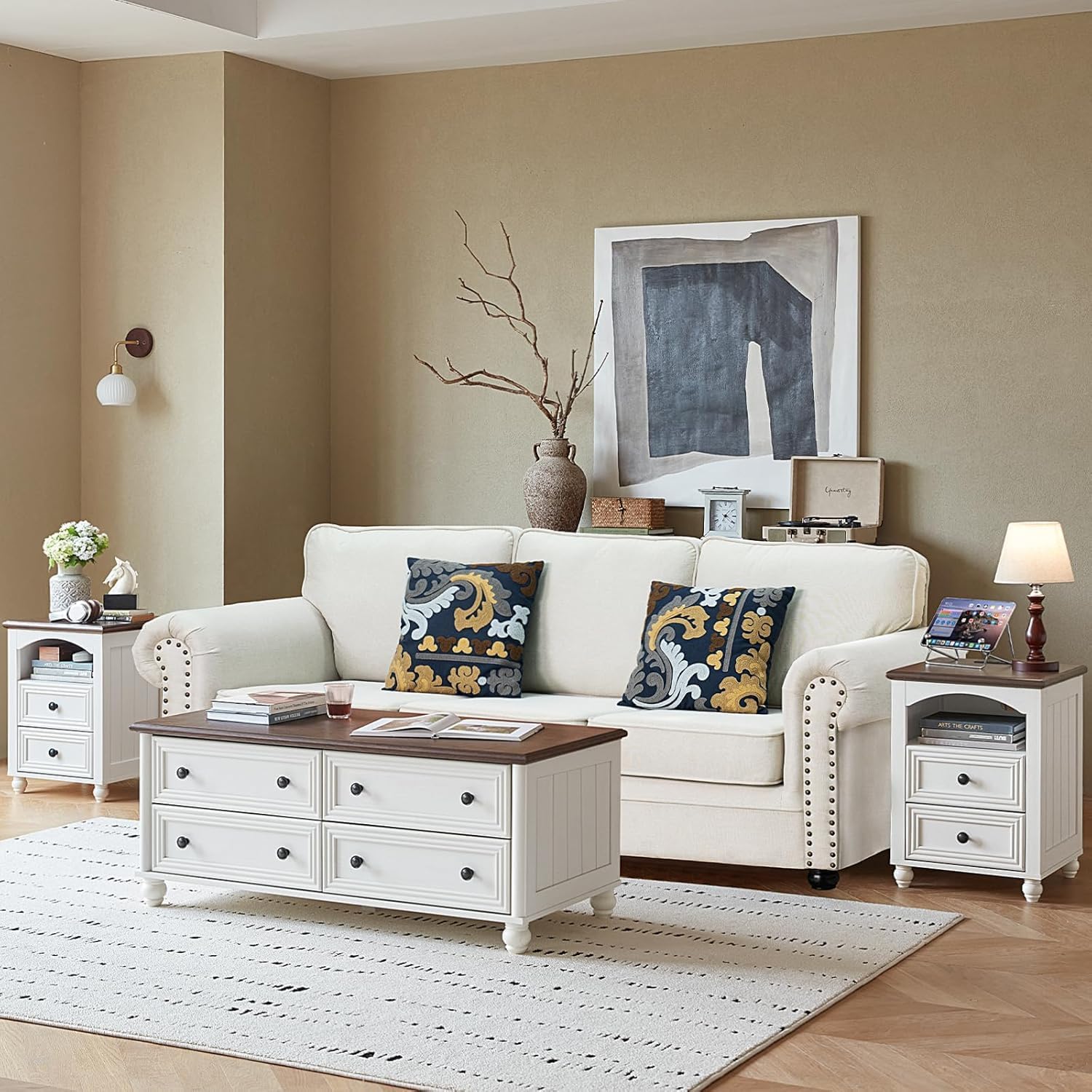 RWYHG Farmhouse Coffee Table & TV Stand Set of 4,Entertainment Center for 60 Inch TV,Wooden Coffee Tables with 4 Drawers, 2 Drawers Nightstand with Charging Station for Living Room,Bedroom,White