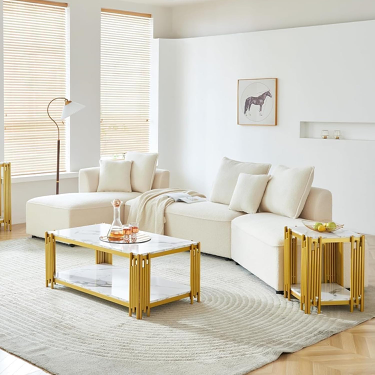 White Marble Coffee Table Set - 2 Piece Luxury Living Room Table Set with Faux Marble Top and Chrome Metal I-Base