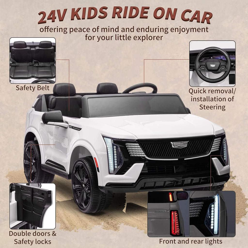 24V Ride On Car, Licensed Cadillac Battery Powered Electric Vehicle w/Remote Control, 2 Seater, 4-Wheel Shock Absorbers, Smooth Start, Music, LED Lights for Boys Girls