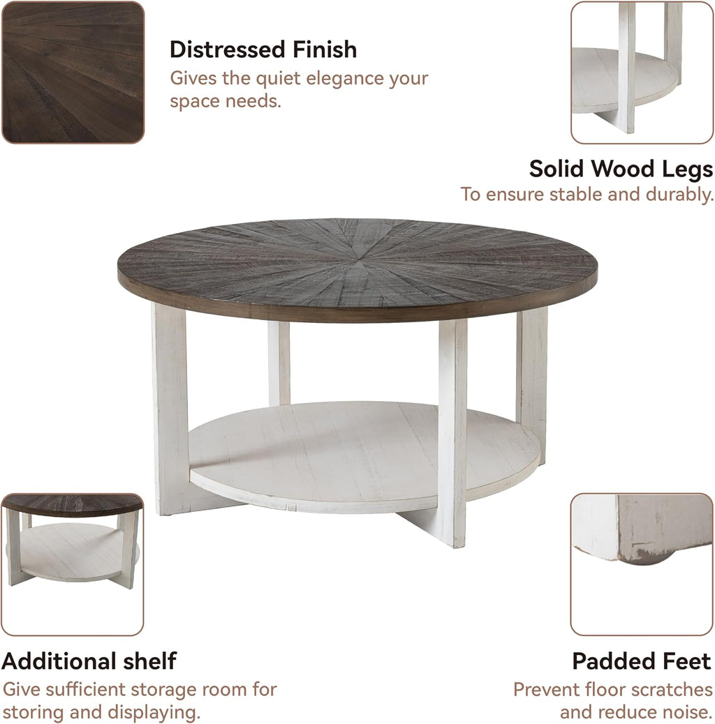 Round Wood Coffee Table with Distressed Finish Top, Two-Tone Living Room Table with Lower Storage Shelf, Farmhouse Center Table, Large Circle, Brown and White