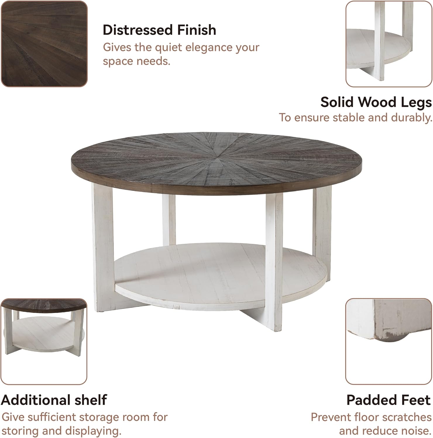 Round Wood Coffee Table with Distressed Finish Top, Two-Tone Living Room Table with Lower Storage Shelf, Farmhouse Center Table, Large Circle, Brown and White