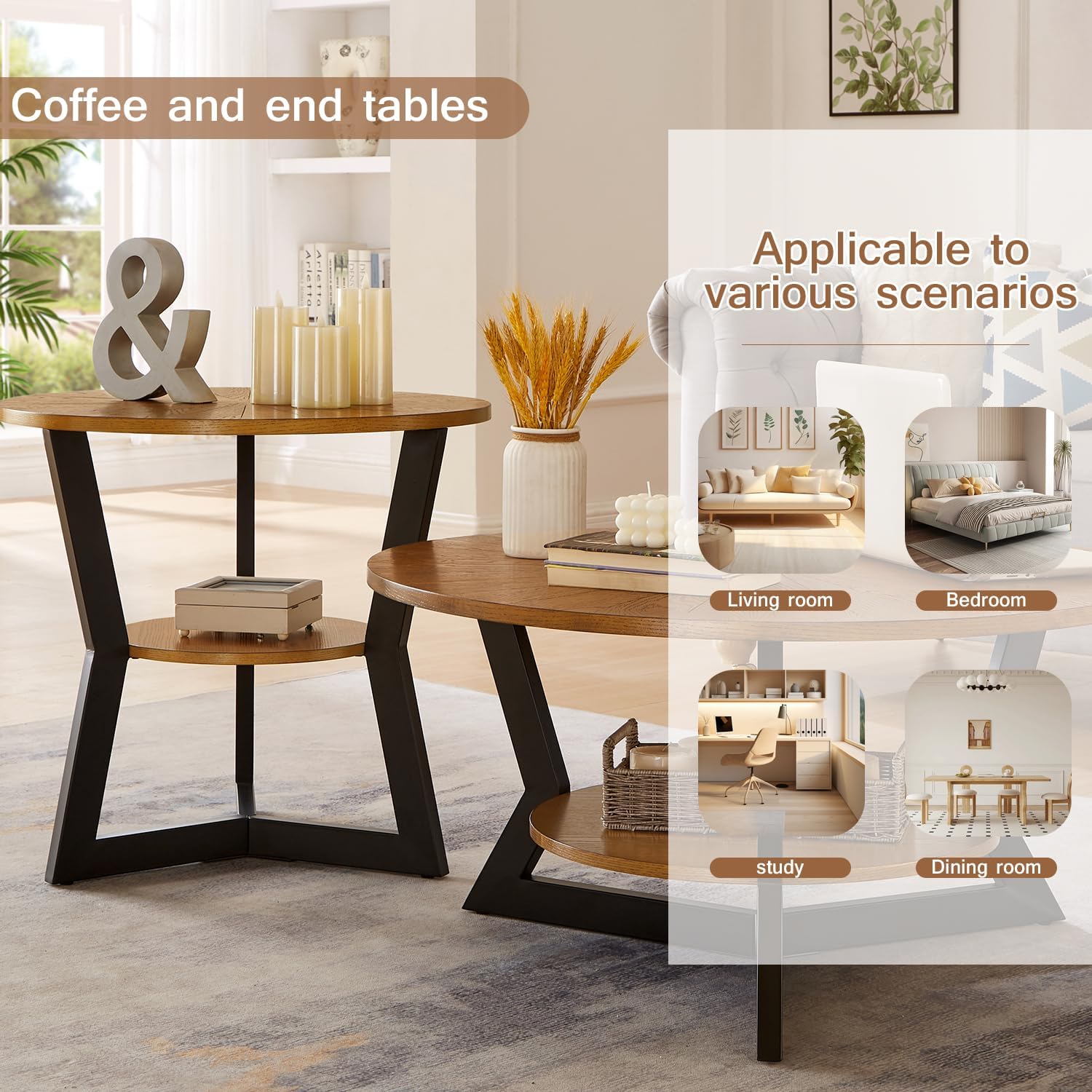 Round Coffee Table, Wood Circle Coffee Table with 2-Tier Storage, Center Table for Living Room Bedroom Office Apartment, Easy Assembly, 35'x 18' Inches, Espresso