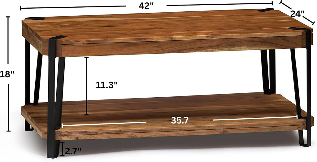 Ryegate 42-Inch Coffee Table – Solid Acacia Wood Live Edge Top with Lower Shelf and Metal Frame Base – Rustic Industrial Modern Living Room Center Table by Alaterre Furniture (Natural)