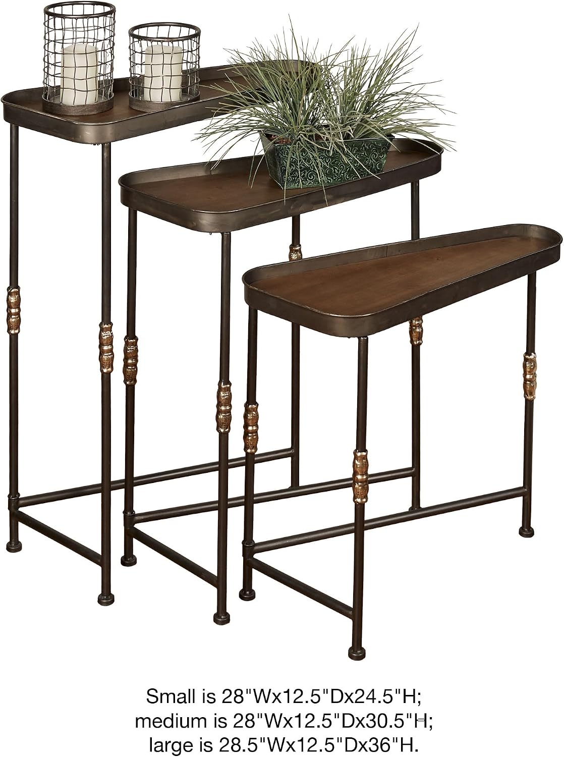 Bronwyn Metal and Wood Nesting Tables Dark Bronze Finish 28, 30.5 and 36 Inches Tall Set of 3
