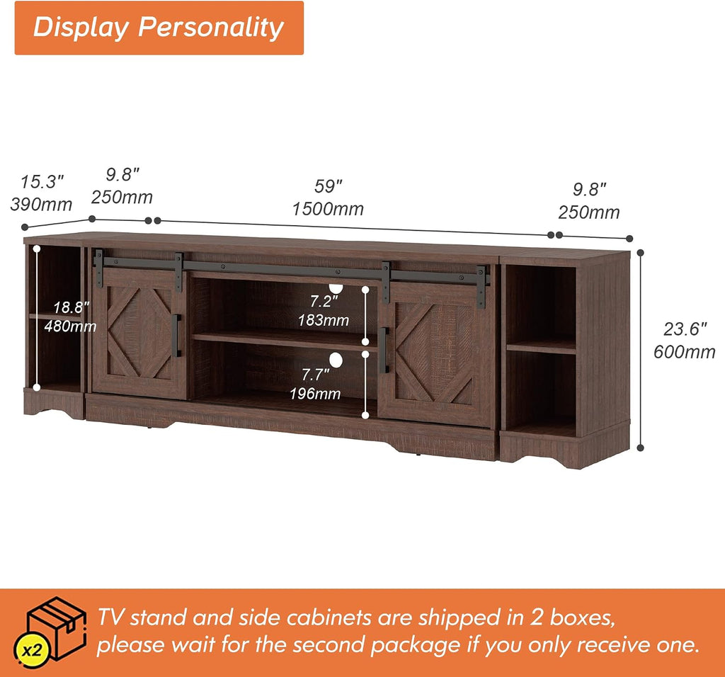 WAMPAT 3-in-1 Modern Farmhouse TV Stand for up to 85' TV, 23.6' H Wood Entertainment Center with Sliding Barn Door and Adjustable Media Storage Shelf for Living Room, Dark Walnut Brown