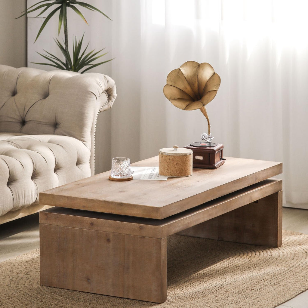 47.6' Wood Coffee Table, Mid Century Modern Farmhouse Wooden Coffee Tables for Living Room Natural Solid Firwood Tabletop Rectangle Center Table for Apartment Home Office Tea Table (Natural)