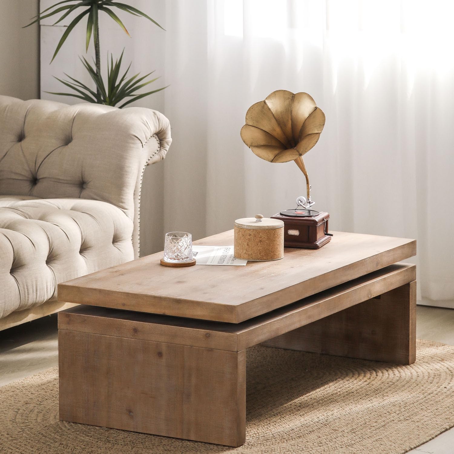 47.6' Wood Coffee Table, Mid Century Modern Farmhouse Wooden Coffee Tables for Living Room Natural Solid Firwood Tabletop Rectangle Center Table for Apartment Home Office Tea Table (Natural)