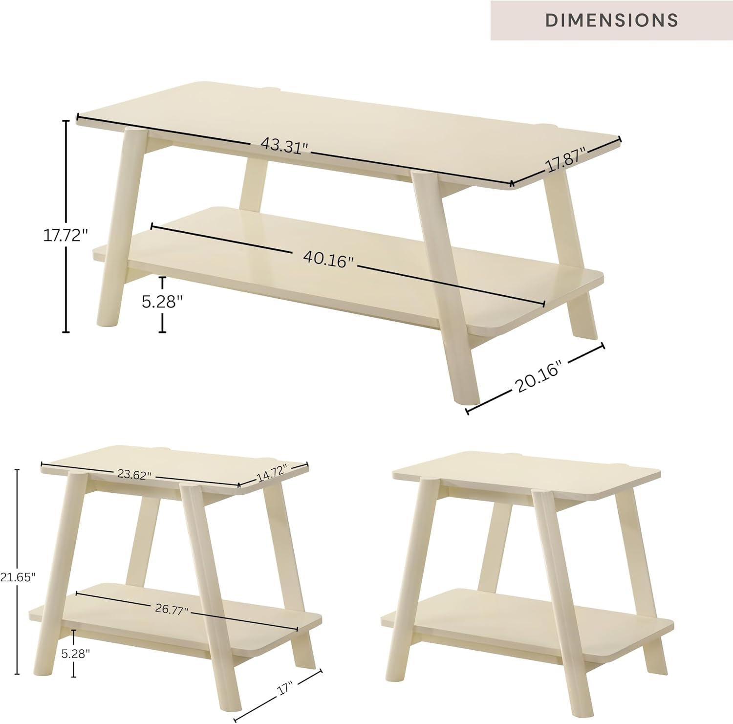 Roundhill Furniture Metz 3-Piece Coffee Table Set, Coffee Table and Two End Tables, Off-White Finish