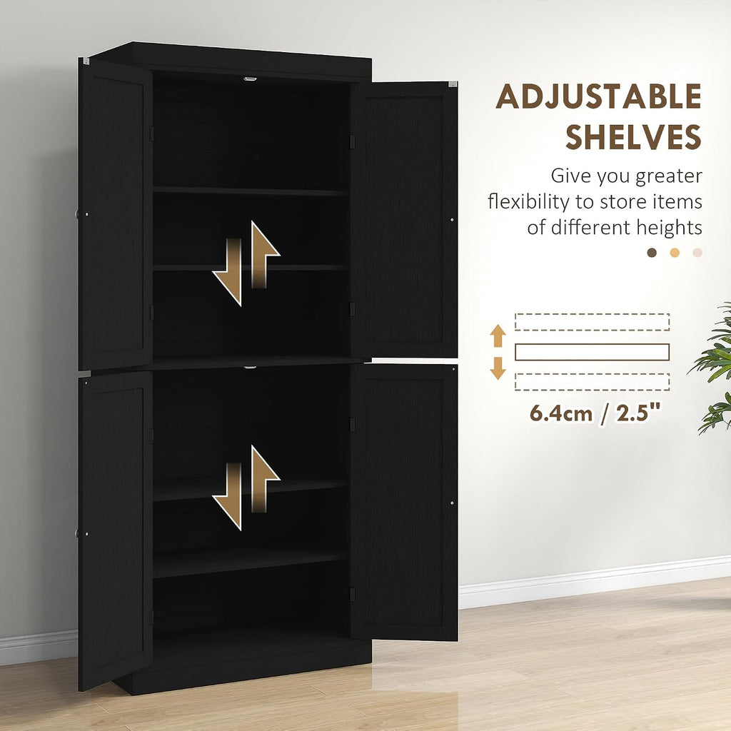 HOMCOM 72.5' Tall Kitchen Pantry Cabinet, Freestanding Modern Farmhouse Kitchen Storage Cabinet with 4 Doors and 2 Adjustable Shelves for Dining Room, Black Wood Grain