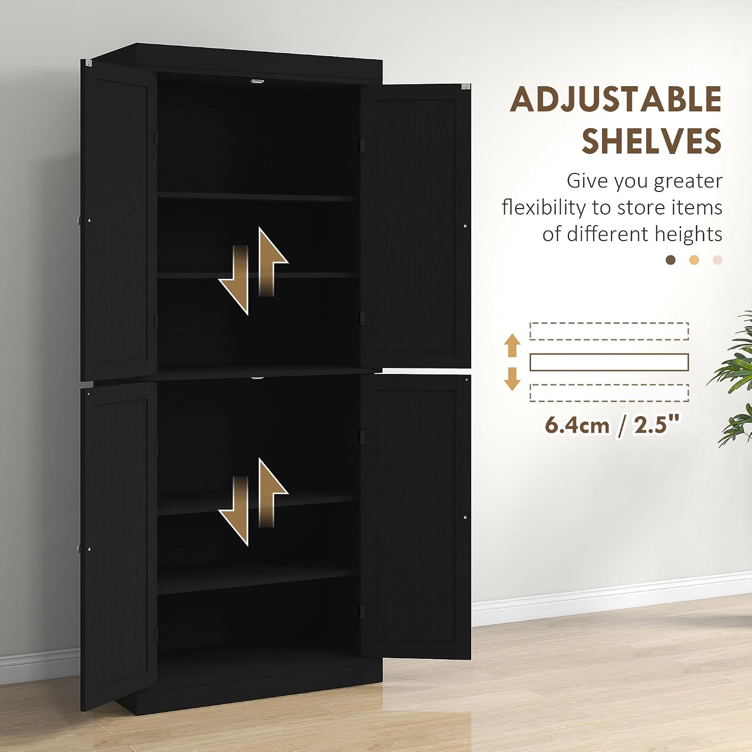 HOMCOM 72.5' Tall Kitchen Pantry Cabinet, Freestanding Modern Farmhouse Kitchen Storage Cabinet with 4 Doors and 2 Adjustable Shelves for Dining Room, Black Wood Grain