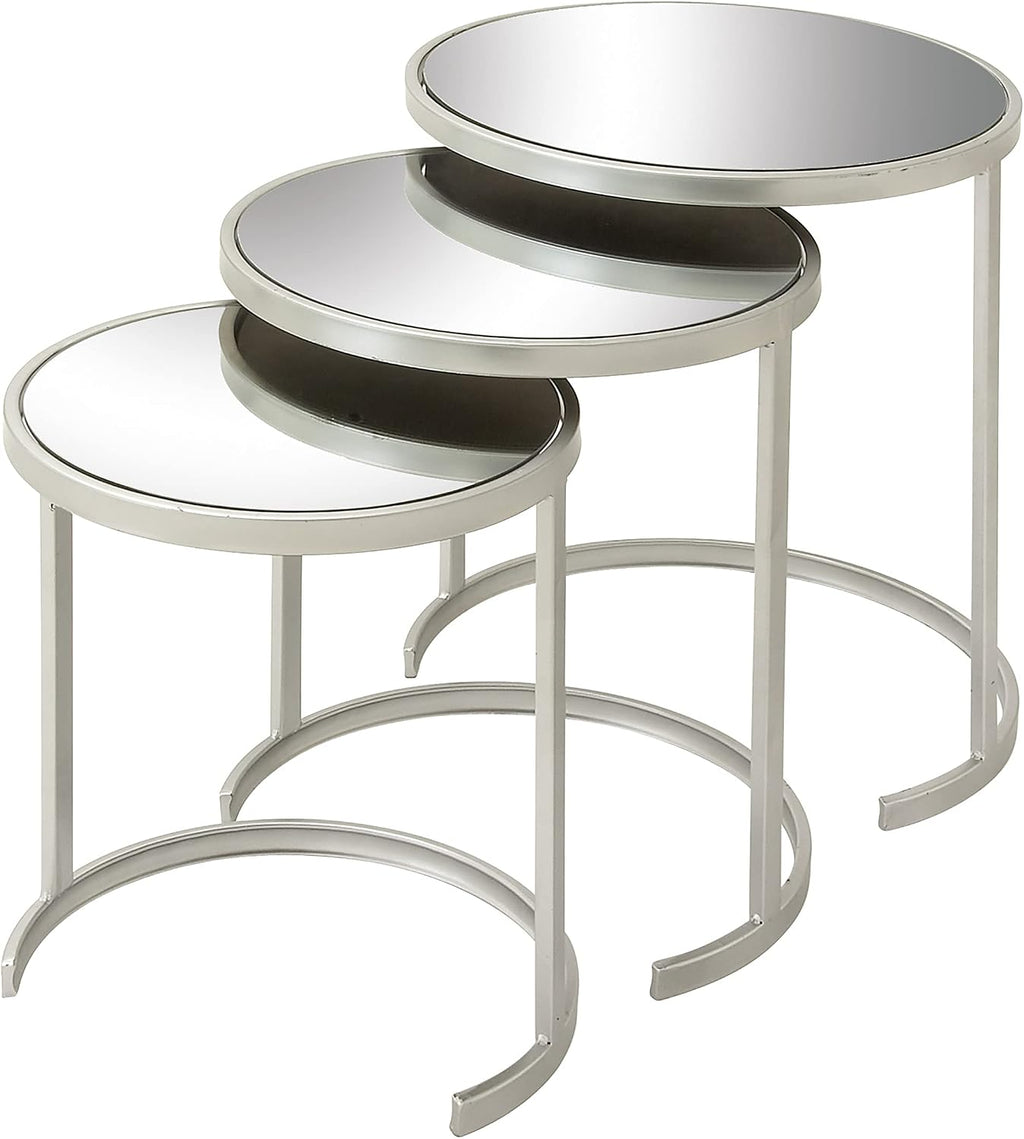 Deco 79 Metal Side End Accent Table Round Nesting End Table with Mirrored Glass Top, Set of 3 Side Table 21', 19', 17'H, Silver