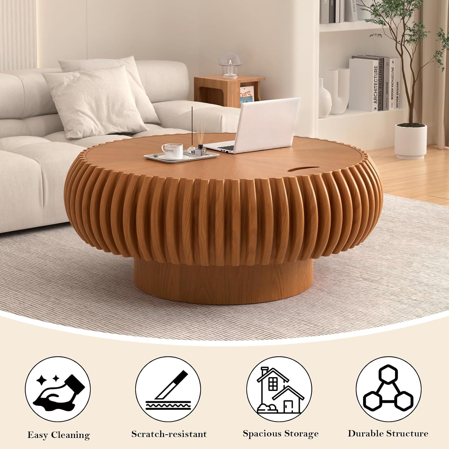 31.5' Round Fluted Coffee Table with Storage Unique Contemporary Wood Low Circle Drum Tea Tables - Sturdy Pedestal for Small Space (J Brown 31.5in)