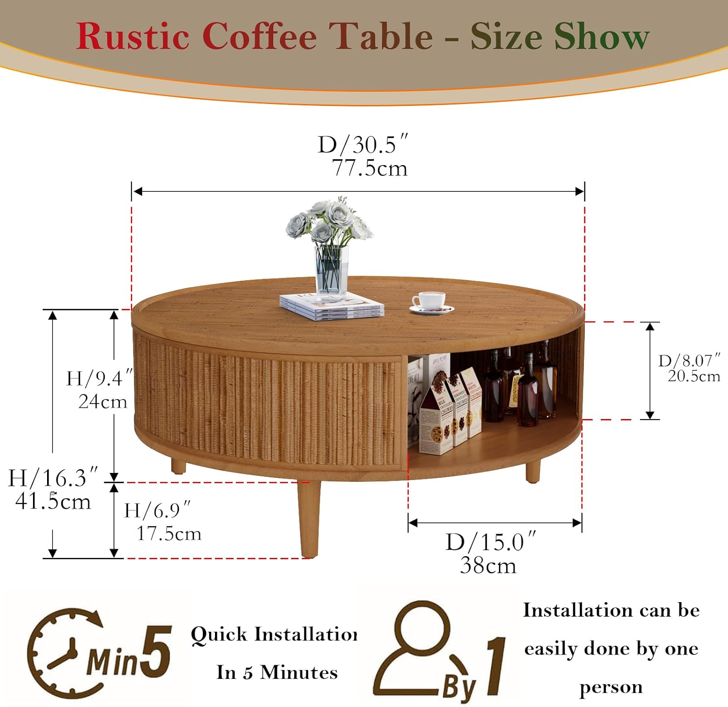 30.5in Rustic Round Coffee Table with Storage, Circular Farmhouse Bamboo Center Tables with Anti-Skid Solid Wood Legs, for Living Room (Bamboo Woven 30.5in)