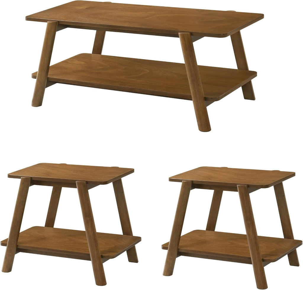 Roundhill Furniture Metz 3-Piece Coffee Table Set, Coffee Table and Two End Tables, Walnut Finish