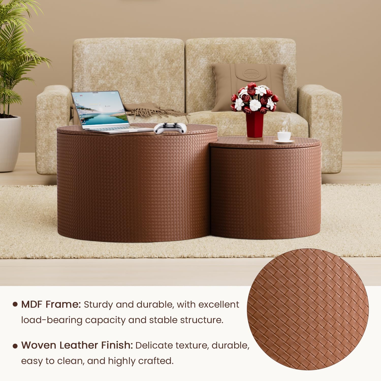 WXFKLDJ Nesting Coffee Tables Set of 2 Leather Finish Round Coffee Tables with Storage Wood Frame Drum End Side Table for Small Space Living Room Bedroom No Assembly Needed (Brown with Storage)