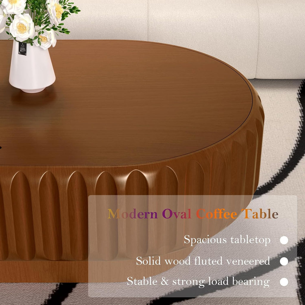 43.3' Oval Drum Coffee Table - Handcraft Solid Wood Edge Stripe Rustic Chic Fluted Tea Table with with Storage for Small Space Apartment (F 43.3in)