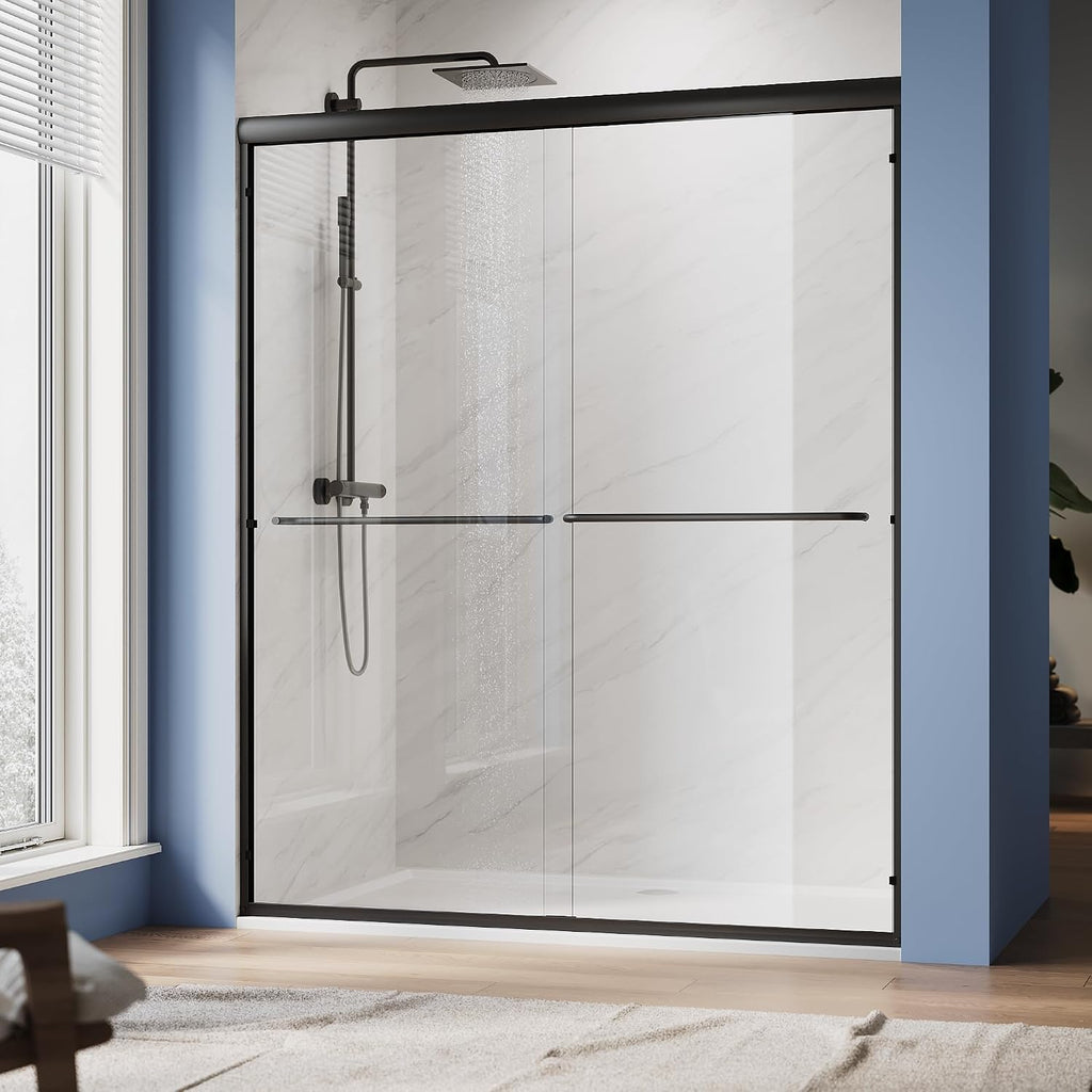 SUNNY SHOWER Double Sliding Glass Door 48' W x 72' H Shower Door 1/4' Tempered Glass Sliding Door Semi-Frameless Shower Glass Enclosure Bypass Walk in Shower Cabin, Matte Black