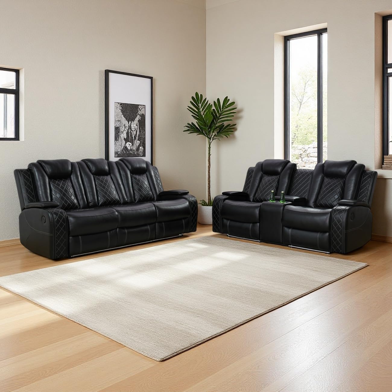 Black Leather Power Recliner Sofa Set, 2 Piece Reclining Sofa and Loveseat Set, Luxury Reclining Loveseat Couch Recliner Sets with Coffee Table, Living Room Furniture for House/Home Theater