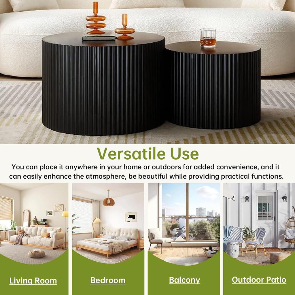 Round Nesting Coffee Table Modern Black Fluted Coffee Table Set of 2 for Living Room Circle Drum Coffee Tables Round Nesting Tables for Small Spaces (Black B 27in)