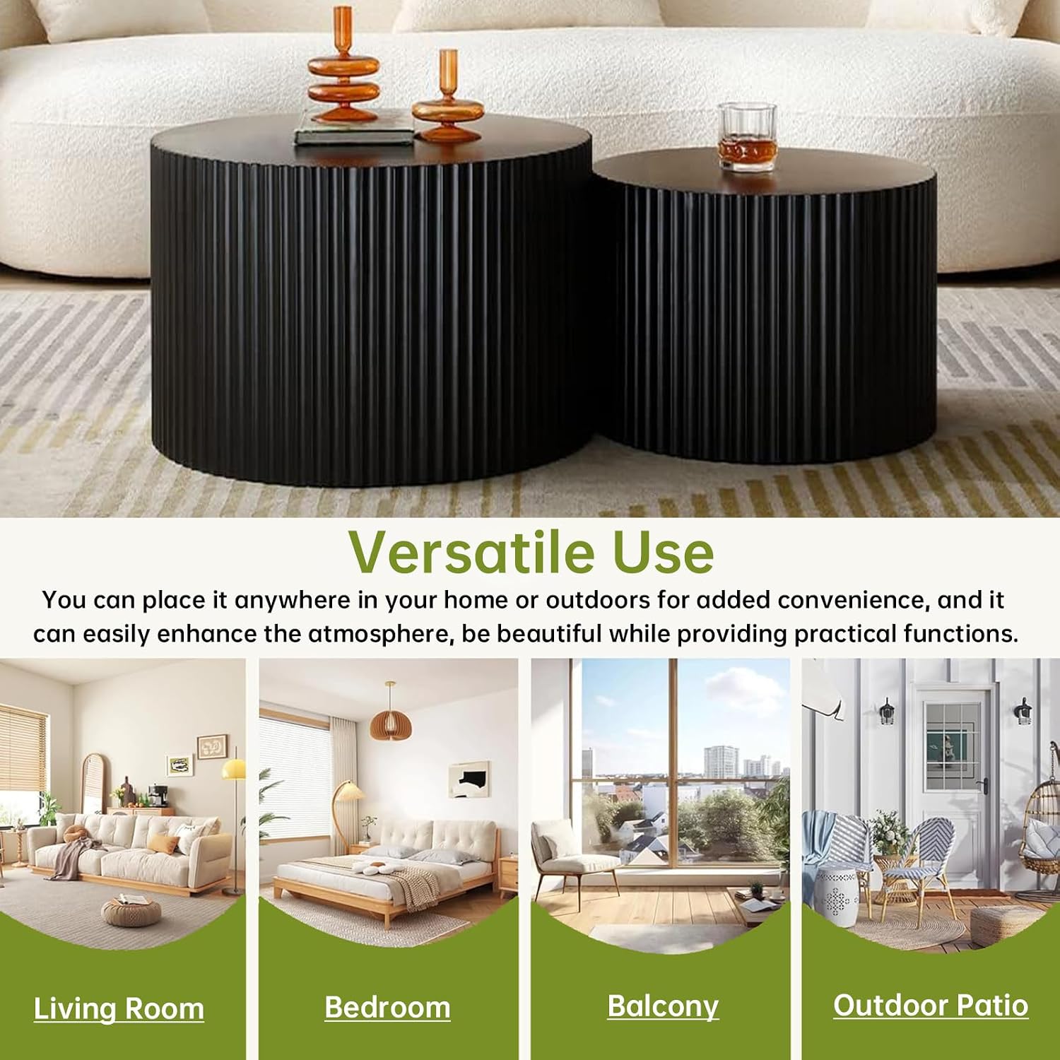 Round Nesting Coffee Table Modern Black Fluted Coffee Table Set of 2 for Living Room Circle Drum Coffee Tables Round Nesting Tables for Small Spaces (Black B 27in)