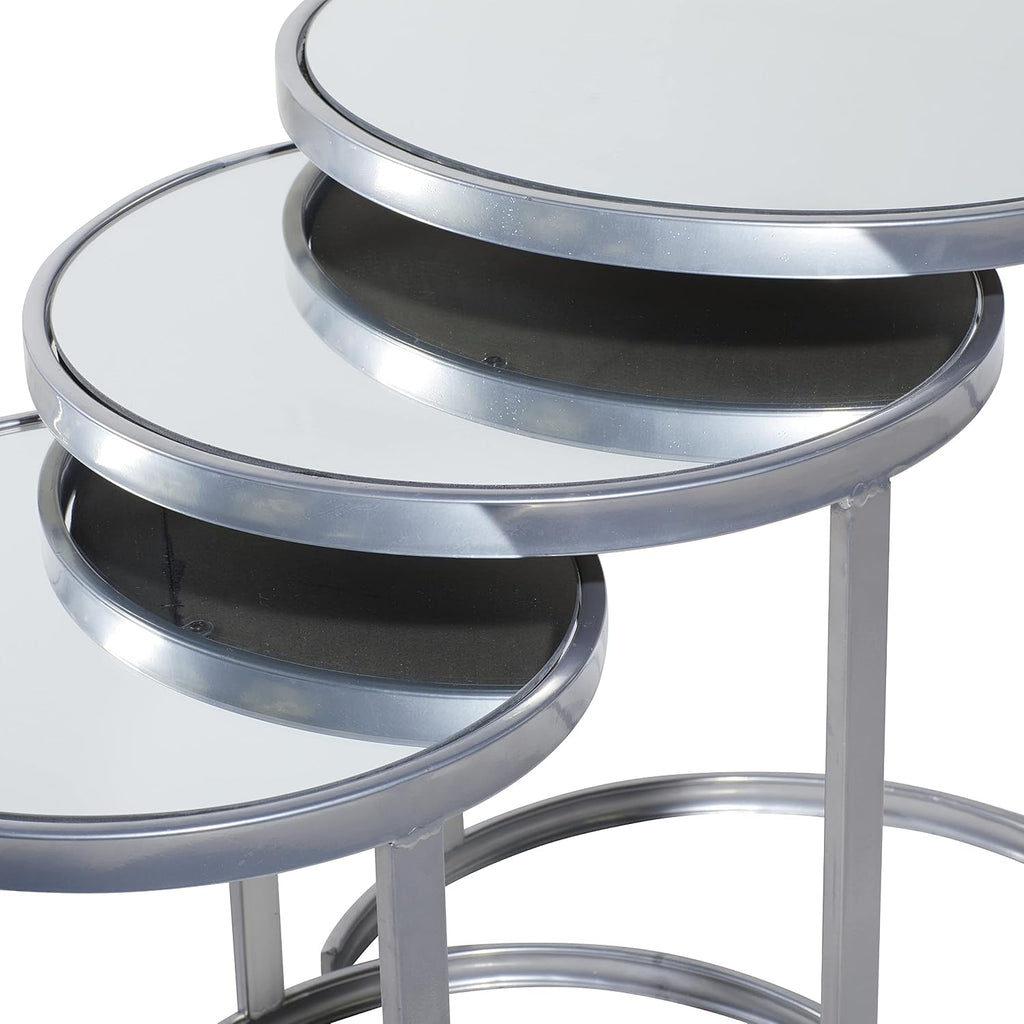 Deco 79 Metal Side End Accent Table Round Nesting End Table with Mirrored Glass Top, Set of 3 Side Table 21', 19', 17'H, Silver