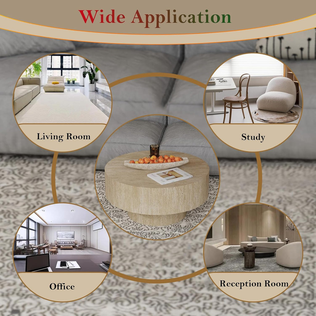 29.92' Travertine Round Coffee Table Modern Circle Low Center Tables - Chic Travertine Grain Veneer for Living Room Farmhouse Apartment Study Office (Travertine Round 29.92in)