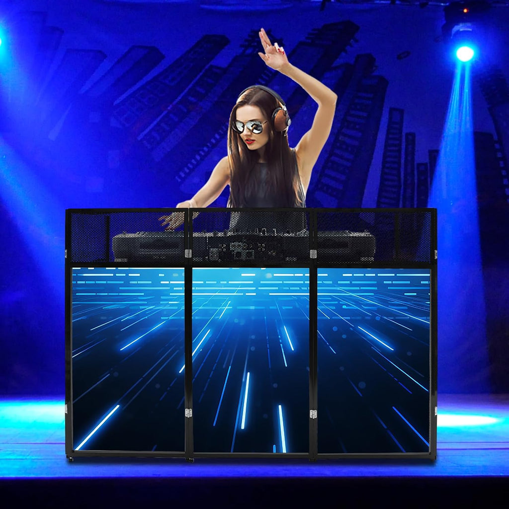 Foldable Dj Booth Stand with Table Top, 23' X 73' Event Facade & Scrim Screen Frame, Portable Dj Desk for Parties/Weddings/Clubs, Heavy Duty 44lbs Capacity