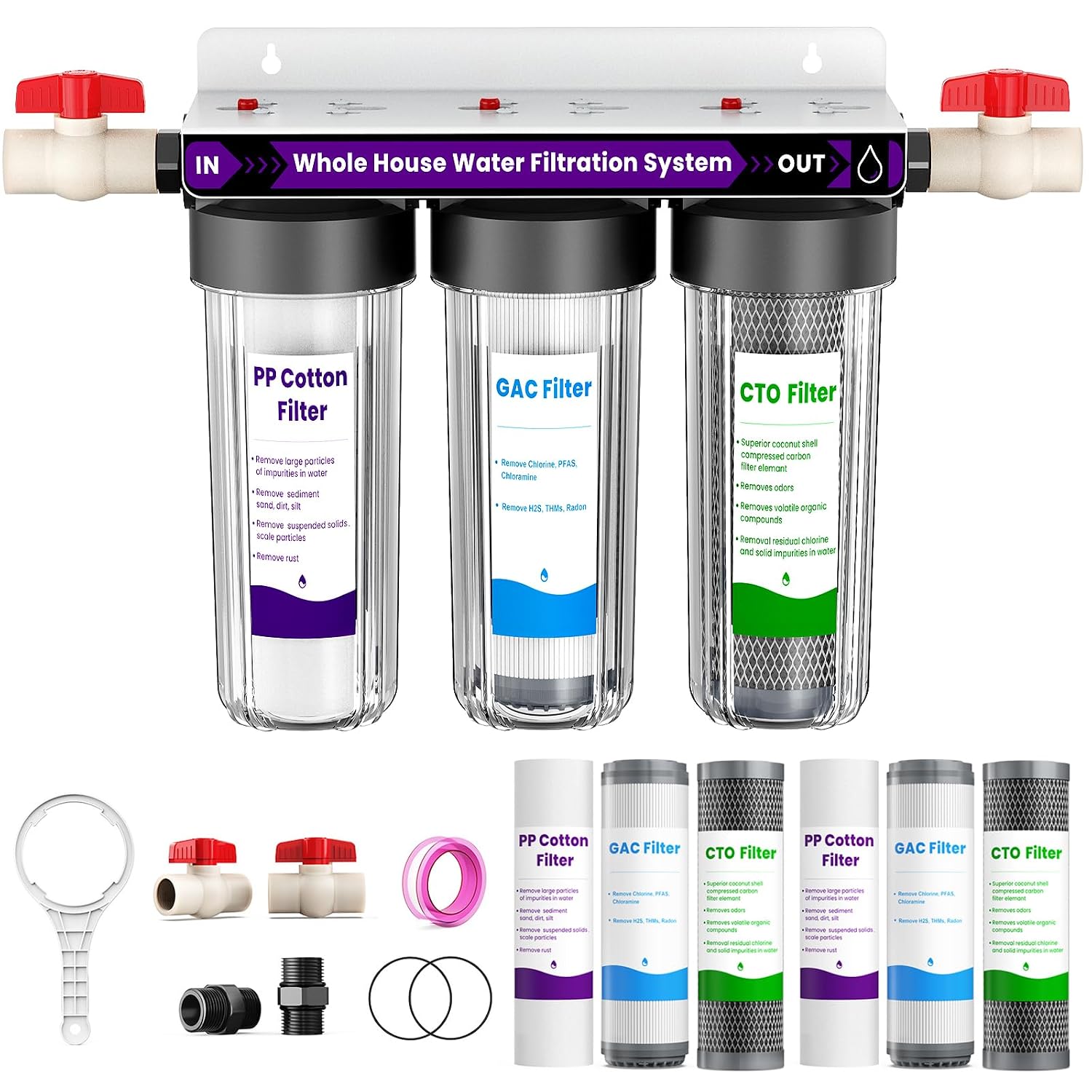 Whole House Water Filter System, 3-Stage Home Water Filtration System Highly Reduces Chlorine Odor,Taste, Delivers Crisp Water for Healthier Skin, 3/4' Ports with 2 Valves, Extra 2 Sets Filter Supply